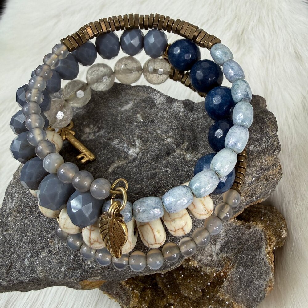 David Aubrey Multi Gemstone Wrap Bracelet Howlite Key Leaf